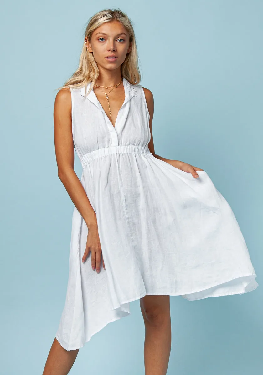 Women's White Sleeveless Linen Dress | Italian Style with Elastic Waist & Shoulder Detail, Item #8384