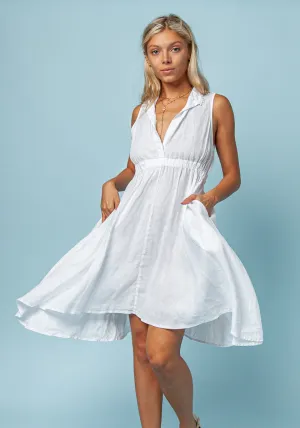 Women's White Sleeveless Linen Dress | Italian Style with Elastic Waist & Shoulder Detail, Item #8384