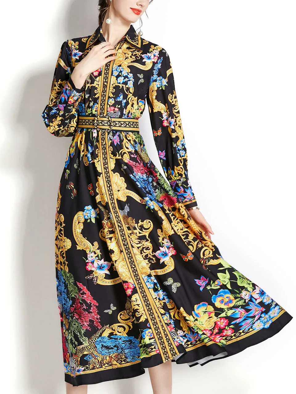 Yellow Turn Down Collar Floral Print Long Sleeve Bohemian Dress Maxi Dress