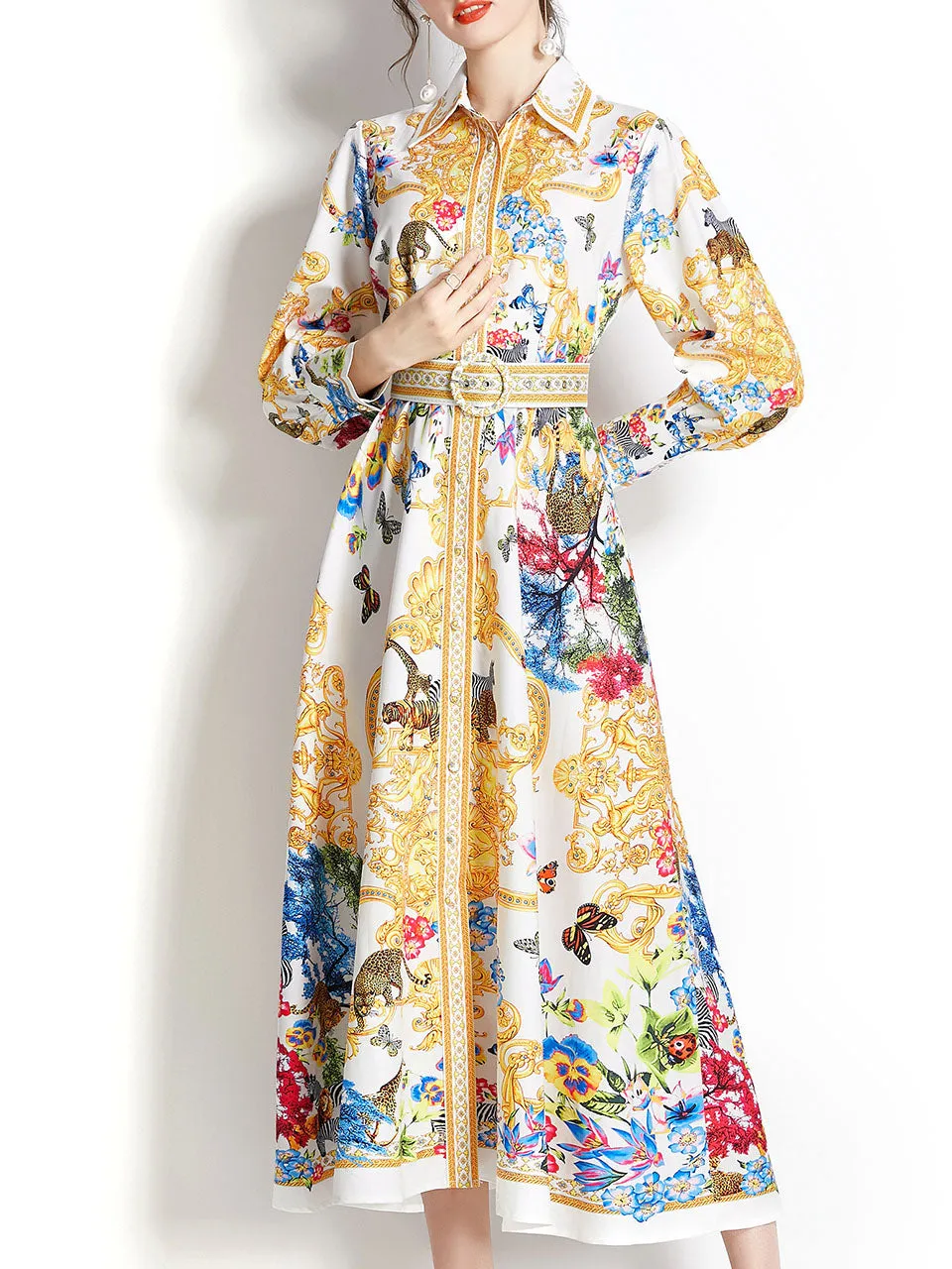 Yellow Turn Down Collar Floral Print Long Sleeve Bohemian Dress Maxi Dress