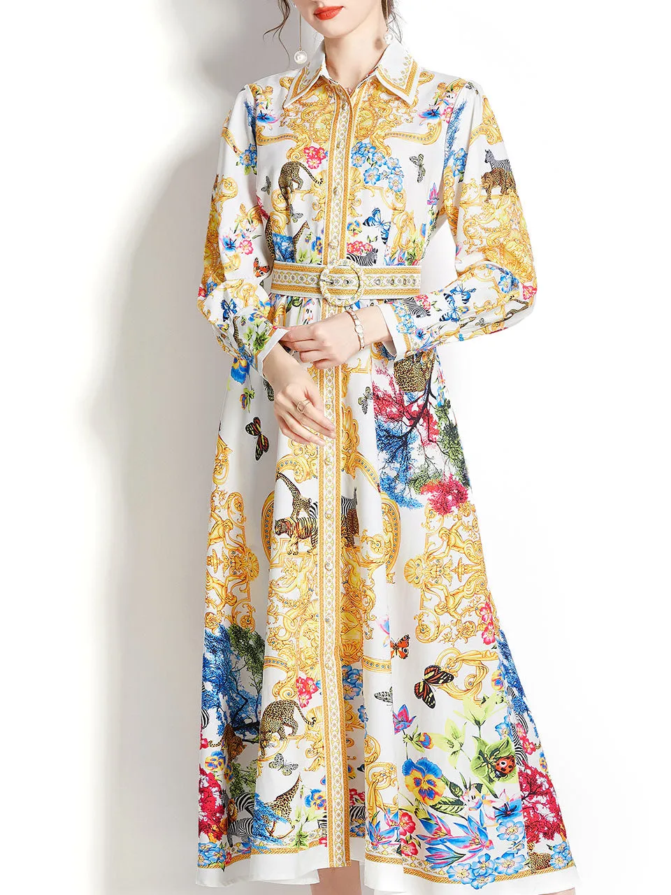 Yellow Turn Down Collar Floral Print Long Sleeve Bohemian Dress Maxi Dress