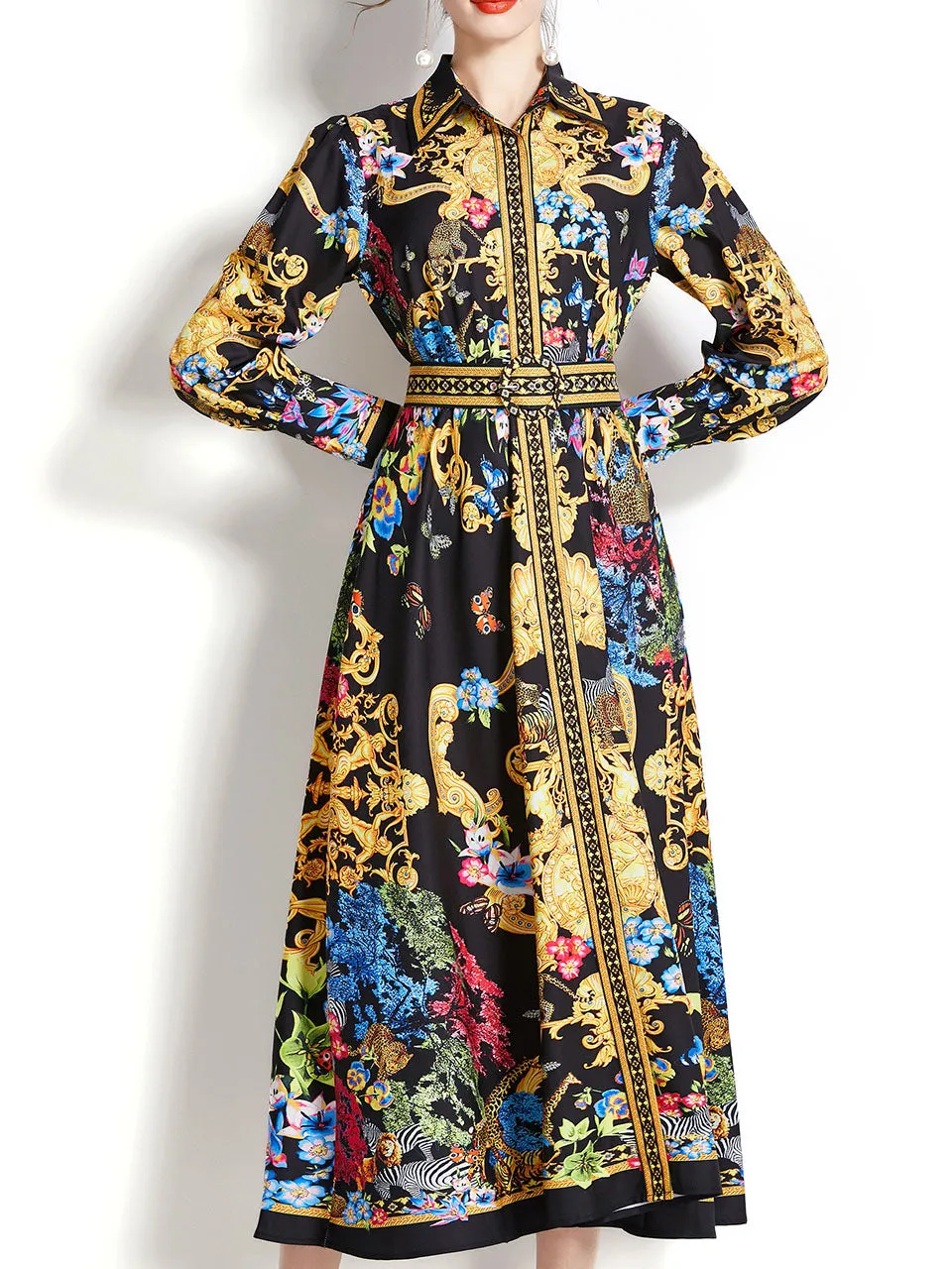 Yellow Turn Down Collar Floral Print Long Sleeve Bohemian Dress Maxi Dress