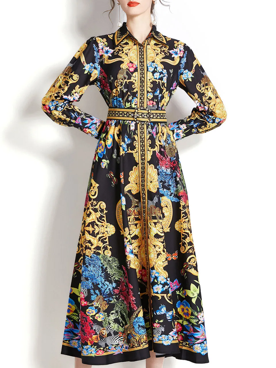 Yellow Turn Down Collar Floral Print Long Sleeve Bohemian Dress Maxi Dress