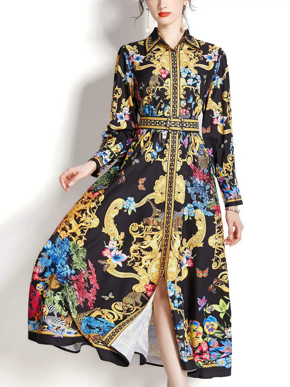 Yellow Turn Down Collar Floral Print Long Sleeve Bohemian Dress Maxi Dress