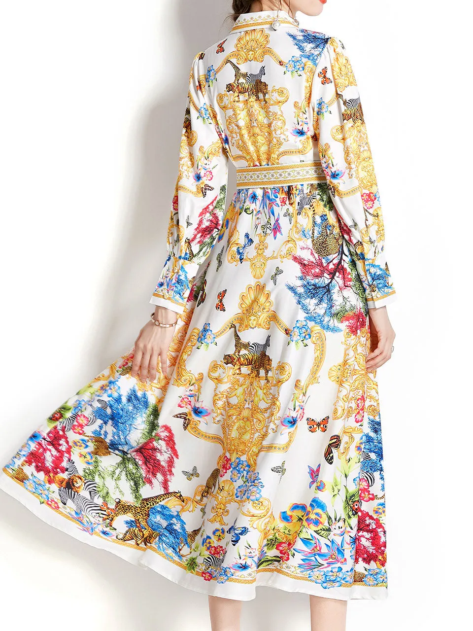 Yellow Turn Down Collar Floral Print Long Sleeve Bohemian Dress Maxi Dress