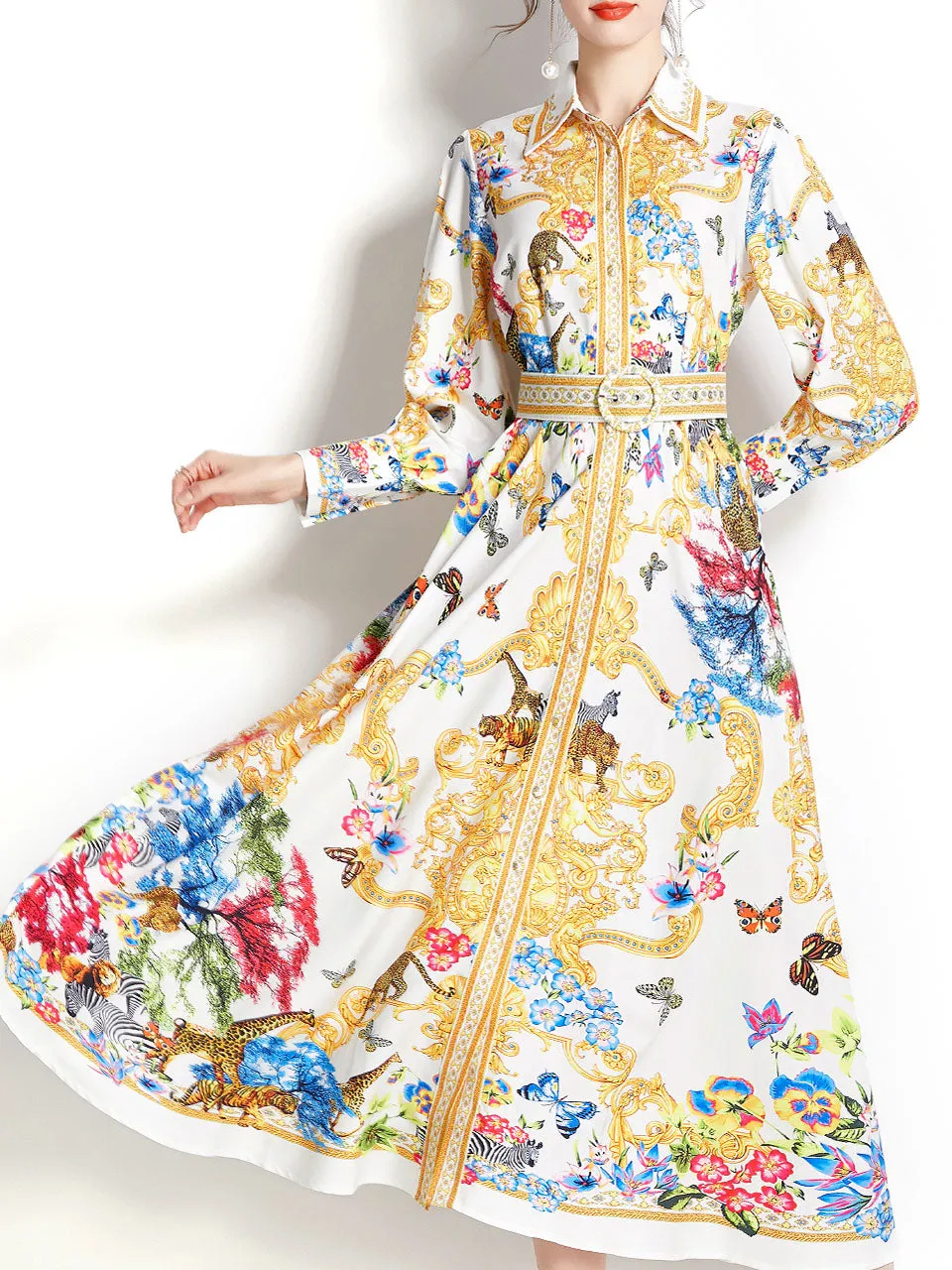 Yellow Turn Down Collar Floral Print Long Sleeve Bohemian Dress Maxi Dress